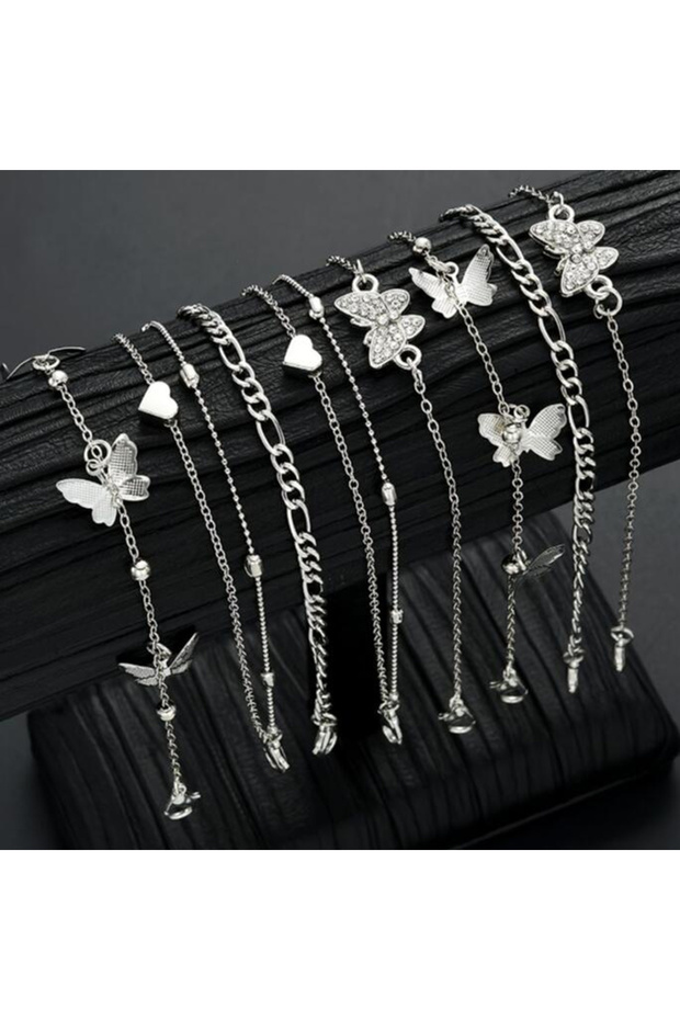 AYA6606401 8 Pcs Bohemian Butterfly Love Heart Anklets Sets for Women Fashion Silver Color Crystal F