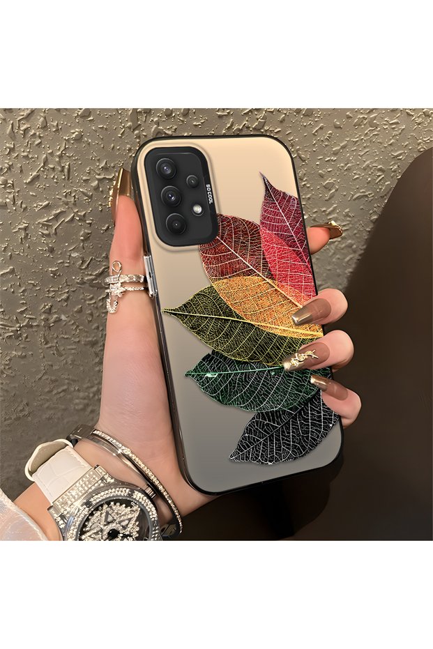 Samsung Galaxy A32 Compatible Silicone Edge Acrylic Back Colorful Leaf Protective Case