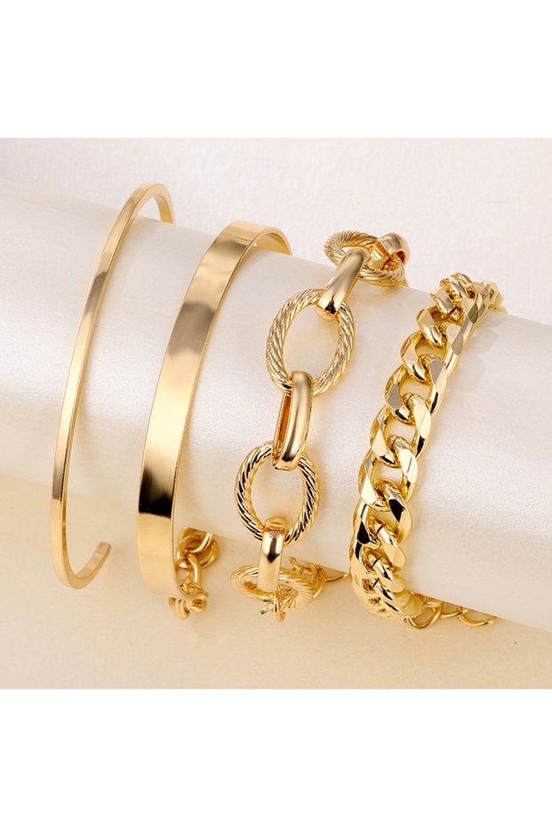 IPA0762-1 4Pcs Punk Heavy Metal Big Thick Chain Bracelet Set Women Retro Geometric Metal Twist Chain