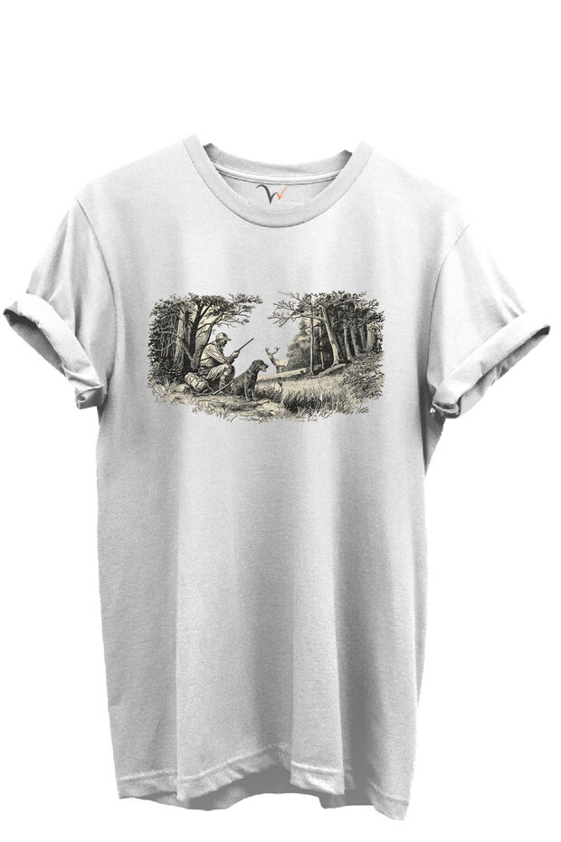 Forest Scene with Nature and Hunting Concept Printed 100% Cotton Regular Fit Crew Neck Unisex T-Shirt