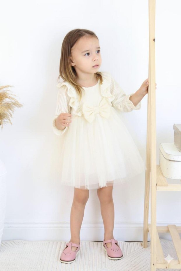 Ecru Velvet Children's Dress with Bow, Pleated and Tulle Model