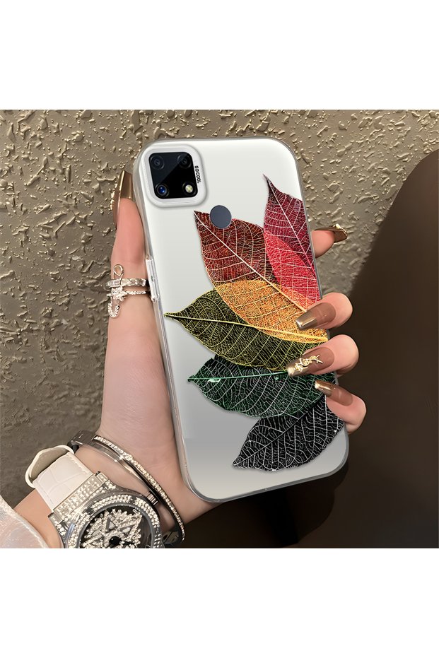 Realme C15 Compatible Silicone Edge Acrylic Back Colorful Leaf Protective Case