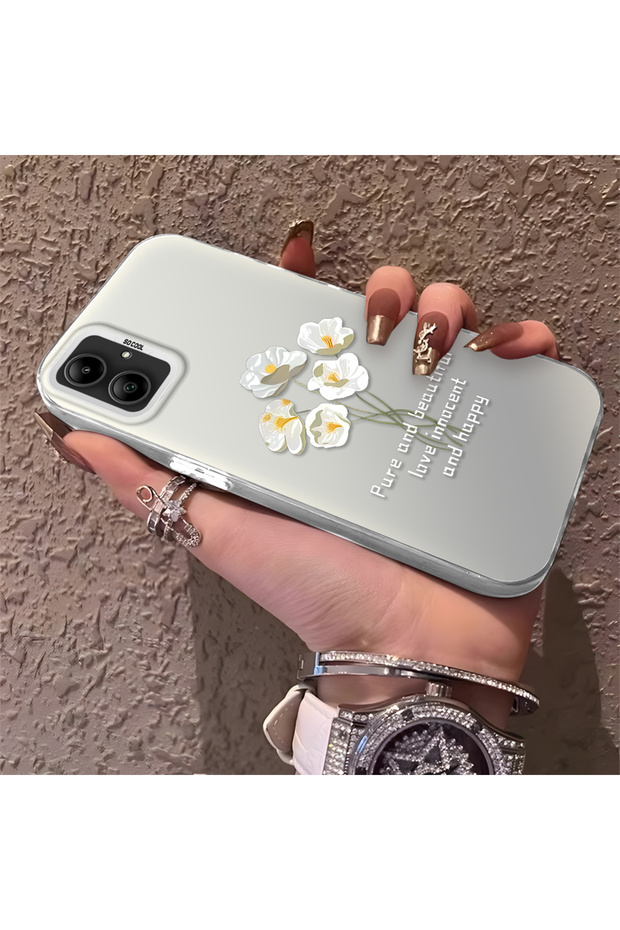 Samsung Galaxy A05 Compatible Silicone Edge Acrylic Back White Flower Protective Case