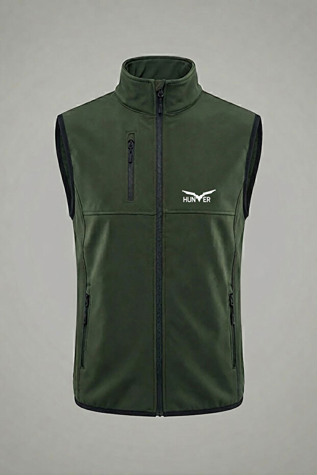 Hunting Hunting Hunter Lettering Printed Minimal Water and Wind Resistant Men's Softshell Outdoor Khaki Vest
