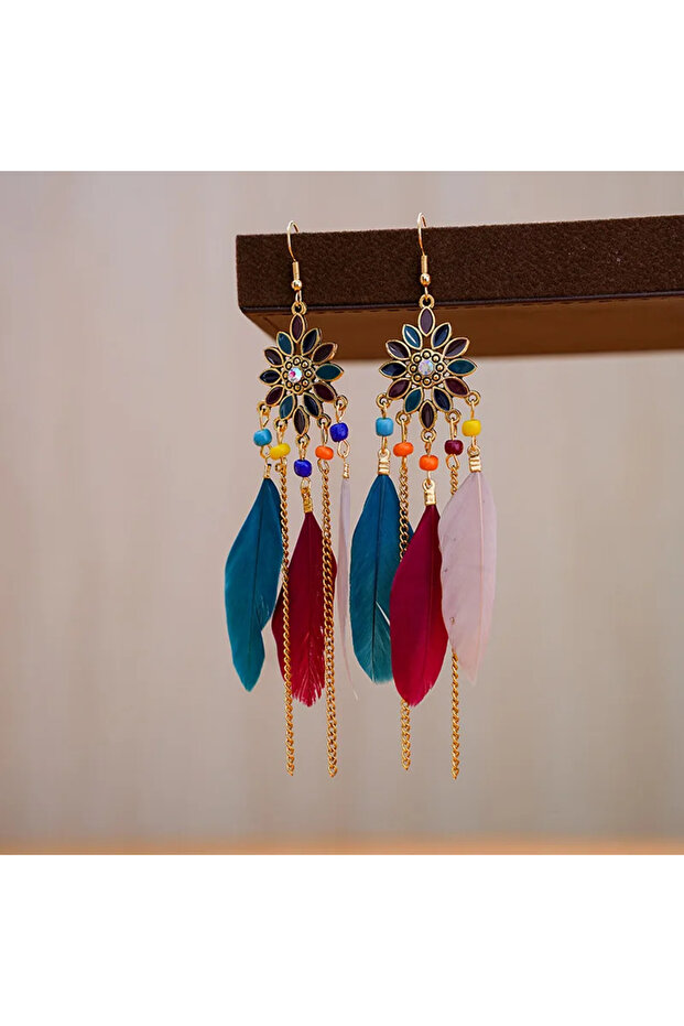 1 Boho Ethnic Colorful Feather Earring For Women Bohemian Tassel Chain Drop Dangle Earring Girls El.