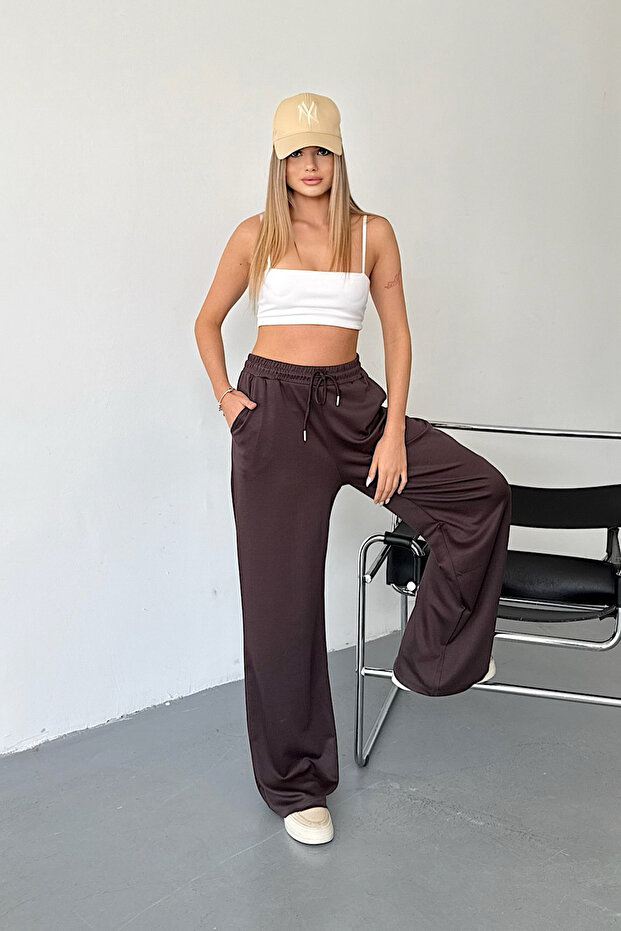 Women's Elastic Waist Double Pocket Sweatpants Brown - Ms0001328