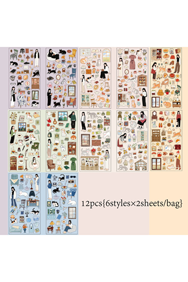 A 12 Sheets Daily Leisure Theme PET Stickers for DIY Craft Scrapbooking Collage Guitar Phone Case N.
