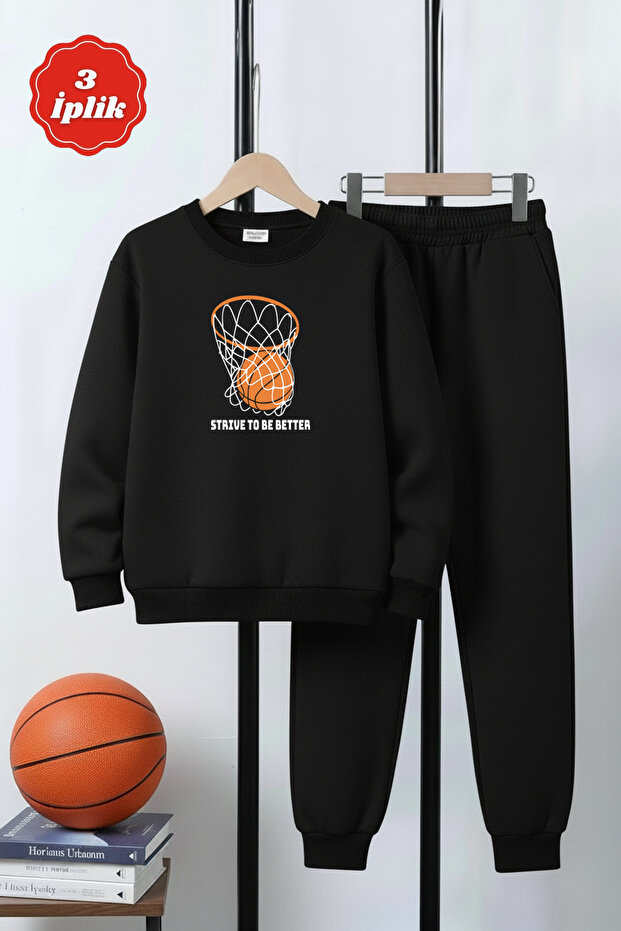 3 Thread Round Neck Basketball Hoop Print Detailed Thick Winter Boys' Tracksuit Set