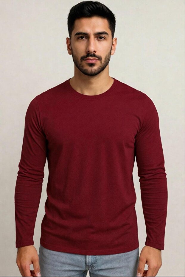 Men's Burgundy Cotton Lycra Single Jersey Long Sleeve T-Shirt-D240