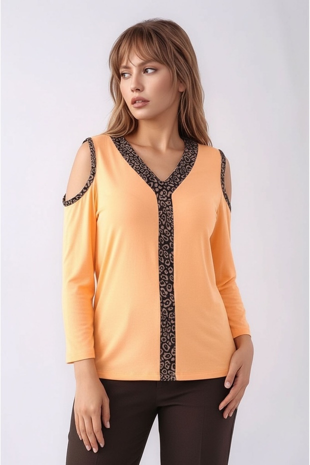Kadon Off-The-Shoulder Three-Quarter Sleeve Leopard Piping Comfortable Fit Sport Stylish Blouse
