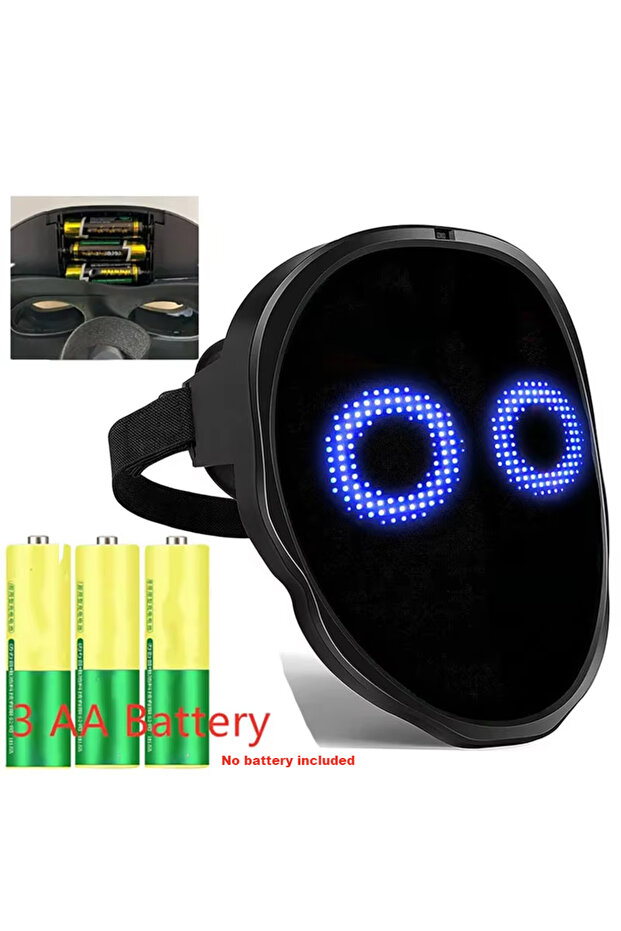 قناع أسود مضيء بتقنية LED، يعمل بالإيماءات، قابل للبرمجة والتحكم عبر تطبيق لتغيير ملامح الوجه.