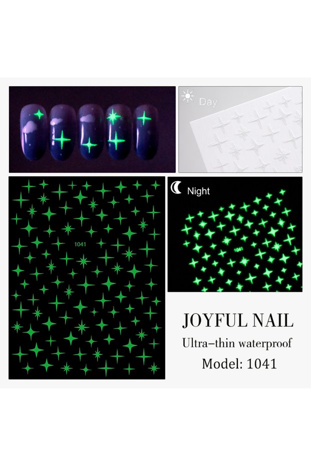 1041 1 Sheet Glow In The Dark Nail Art Sticker Snowflake Flame Old English Alphabet Pentagram Butter