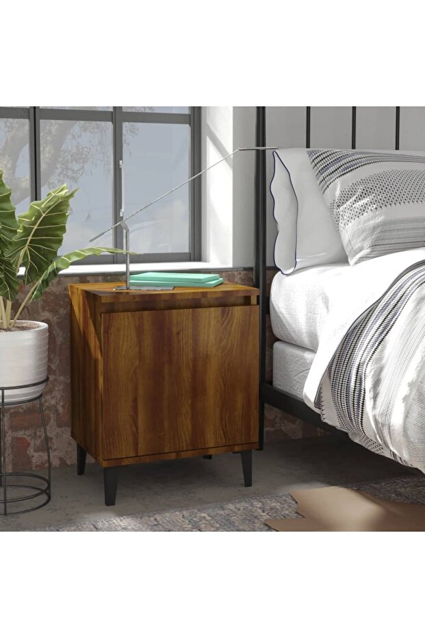 Bed Cabinet with Metal Legs Brown Oak 40x30x50 cm