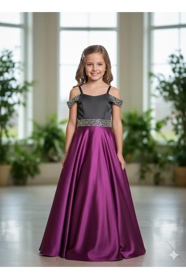 Taffeta Evening Dress with Stone Detailing on the Shoulders
