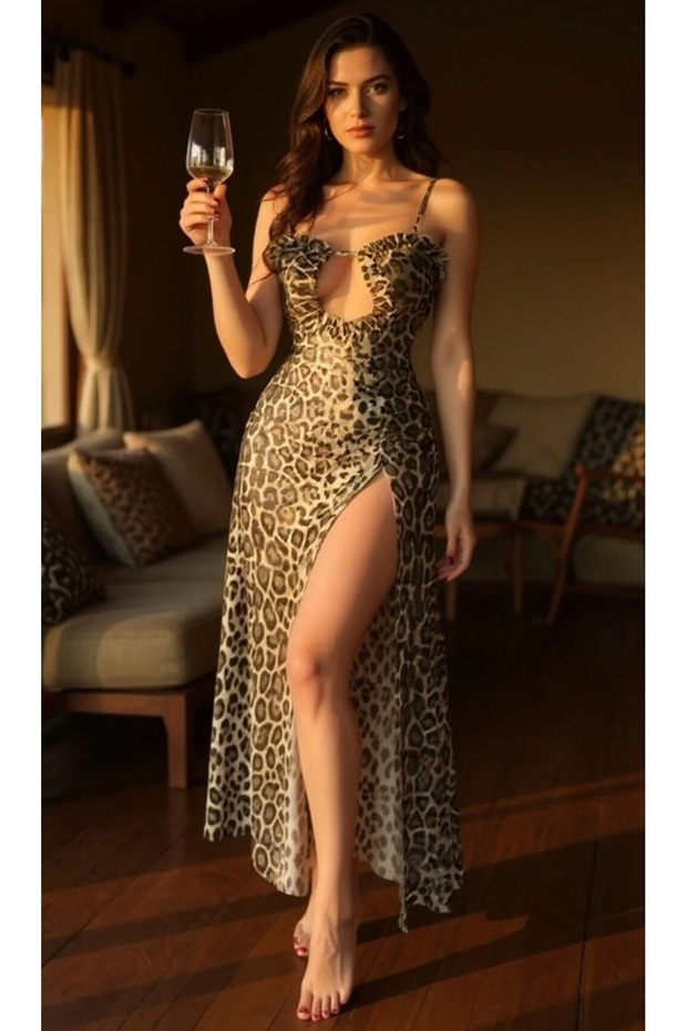 Women's Nightgown Leopard Pattern Stylish Long Slit Nightgown Dowry Dress
