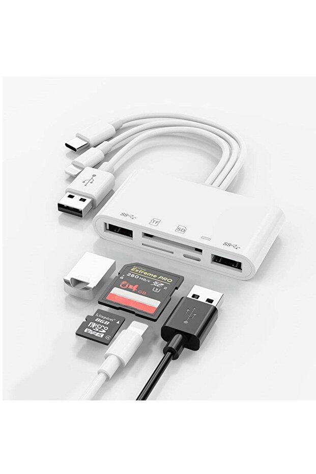 قارئ بطاقات ذاكرة 5 في 1، ومحول USB OTG، وقارئ بطاقات SD لأجهزة iPhone/iPad، وUSB C، وUSB A