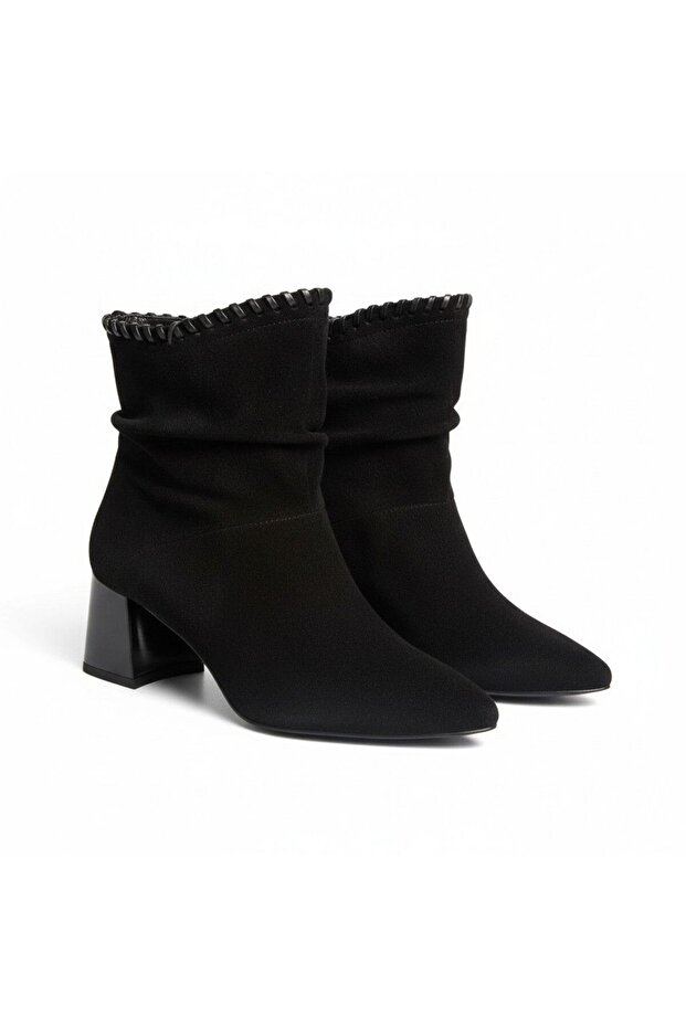 Black Suede Genuine Leather Piped Detail Pointed Toe Women's Thick Heeled Boots