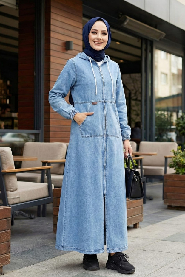 Women's Hooded , Light Blue Denim Cap with Pockets and Zipper
