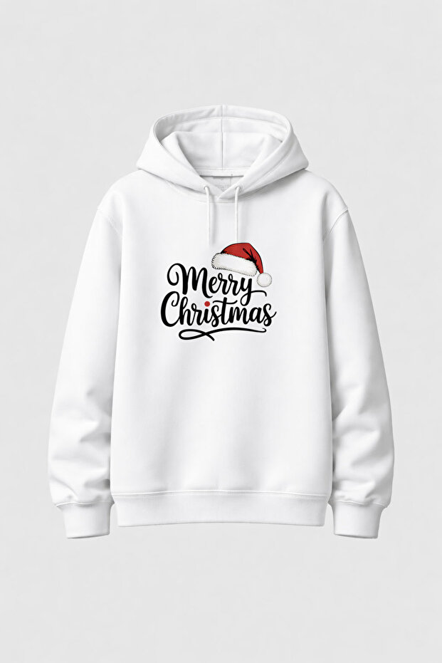 2026 New Year Santa Claus Christmas Printed White Hooded Sweatshirt