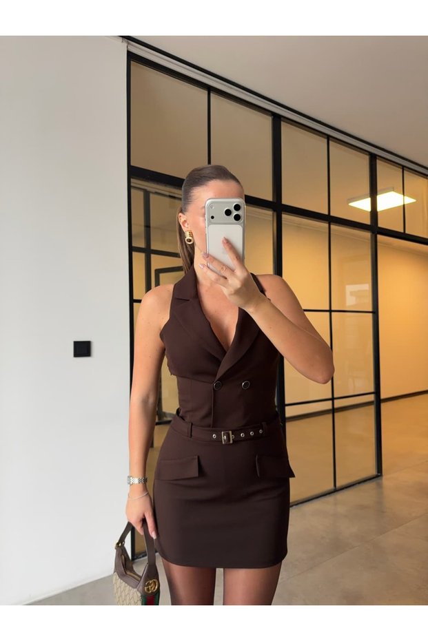 Jacket Collar Belted Dress Brown