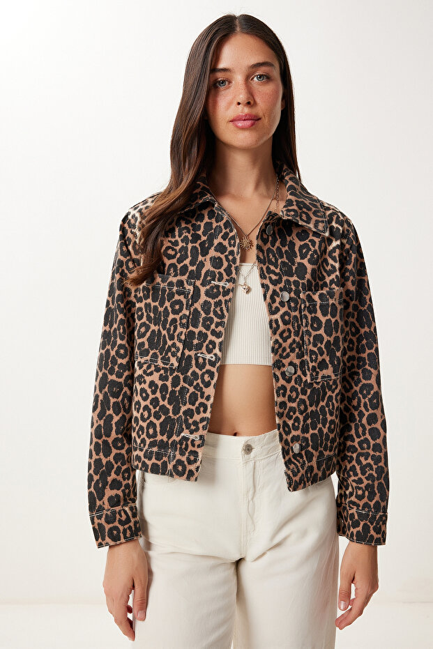 Leopard Patterned Gabardine Jacket Lgp0032 Black Beige