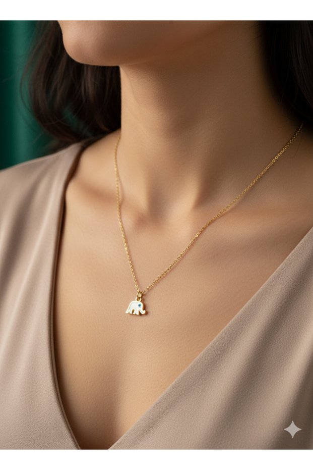 Gold Color Bijouterie Necklace with Elephant Figure and Evil Eye – Minimal Design with Luck and Blessing Theme
