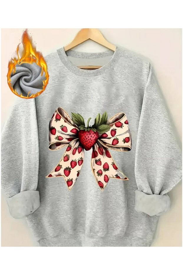 Strawberry Ribbon Print Detailed Crew Neck Sweatshirt