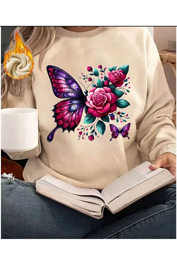 Butterfly Print Detailed Crew Neck Sweatshirt