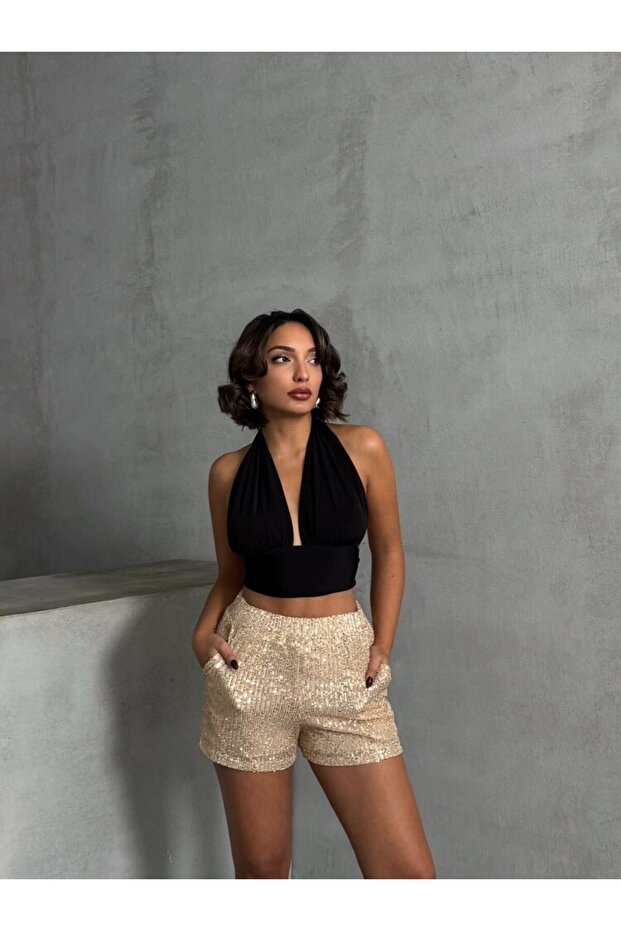 Cepli Siyah Payetli Şort - 3