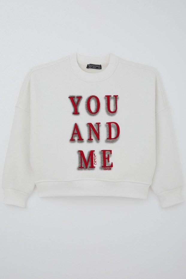 Locoloco Girls' Sweatshirt with You and Me Text Embroidery, Ages 9-14, Ecru