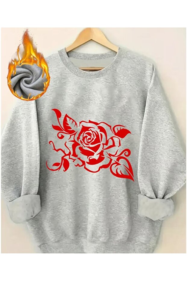 Red Rose Print Detailed Crew Neck Sweatshirt