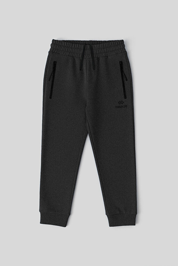 Anthracite Melange Zippered Standard Fit Slim Boys' Tracksuit Bottom - 64042