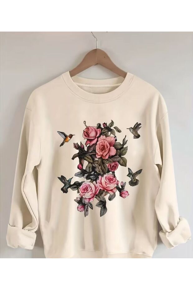 Pink Rose Print Detailed Crew Neck Sweatshirt