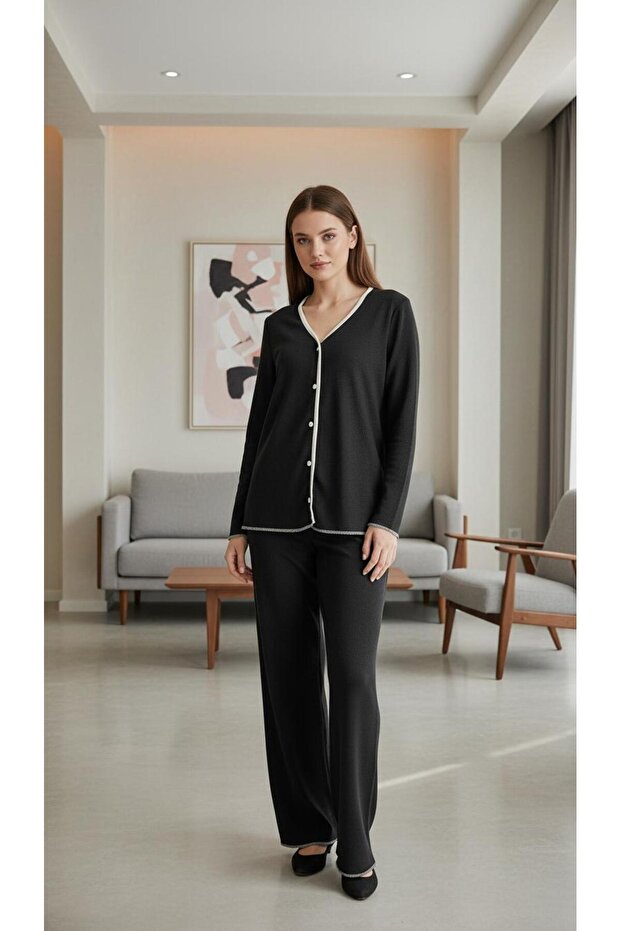 Bürümcük Fabric 2-Piece Set with 5 Buttons Black