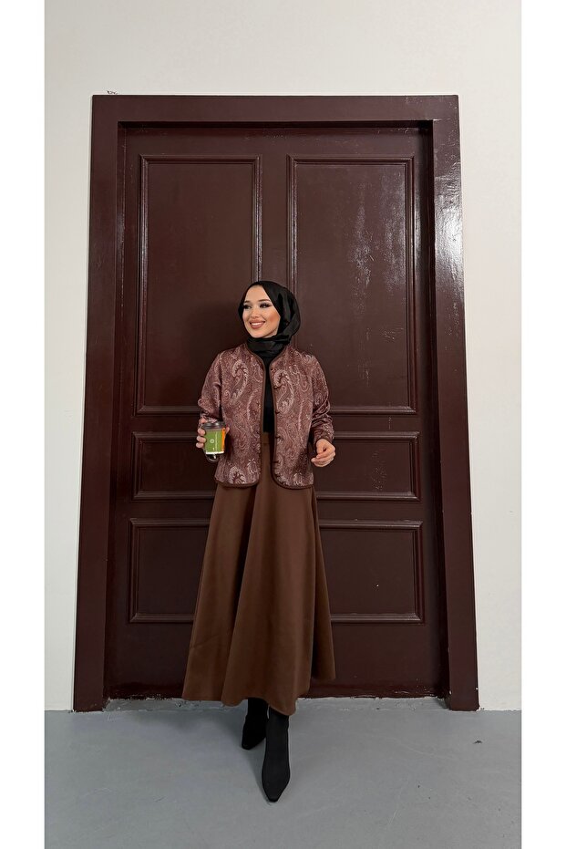 Shawl Pattern Jacket Skirt Double Set - 3