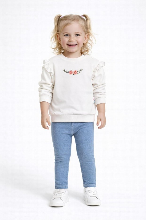 Baby girl floral embroidered ruffle sweatshirt & stretch denim leggings two-piece outfit - holiday style - 6-24 months
