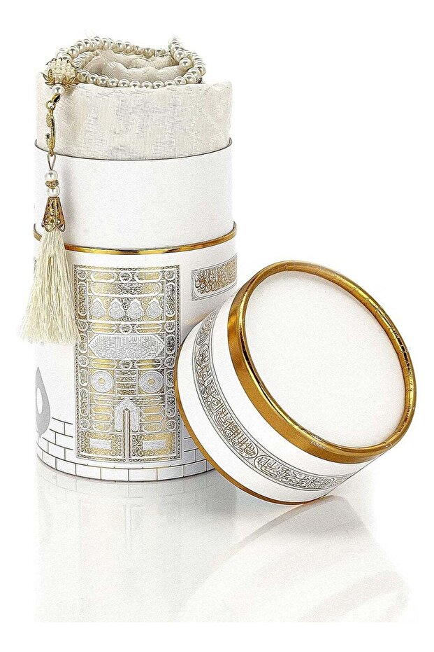 Elegant Muslim Prayer Rug Gift Set with Soft Janamaz, Pearl Beaded Tasbih and Luxury Box