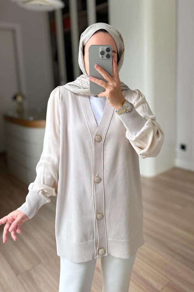 V-Neck Sleeve Detail Mercerized Hijab Cardigan - Beige