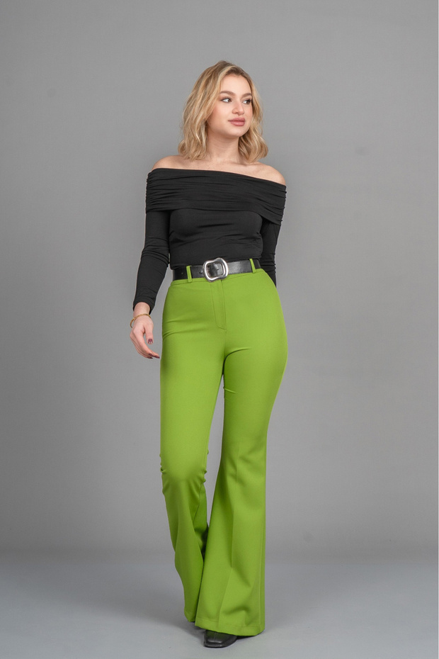 Women's Summer Pistachio Green High Waist Spanish Flare Pants with Belt Casual Daily Office Stylish 3950