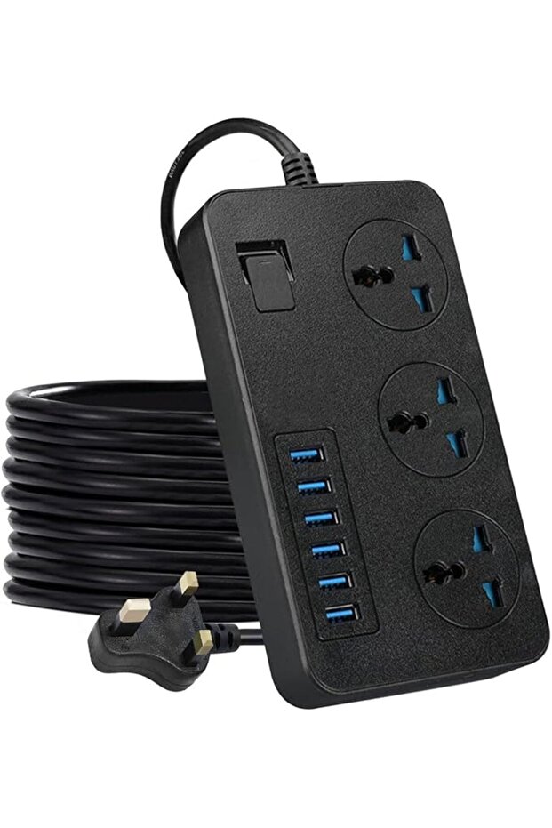 شريط طاقة مع 3 منافذ عالمية متعددة الاستخدامات، 6 منافذ شحن USB، وصلة تمديد 2 متر