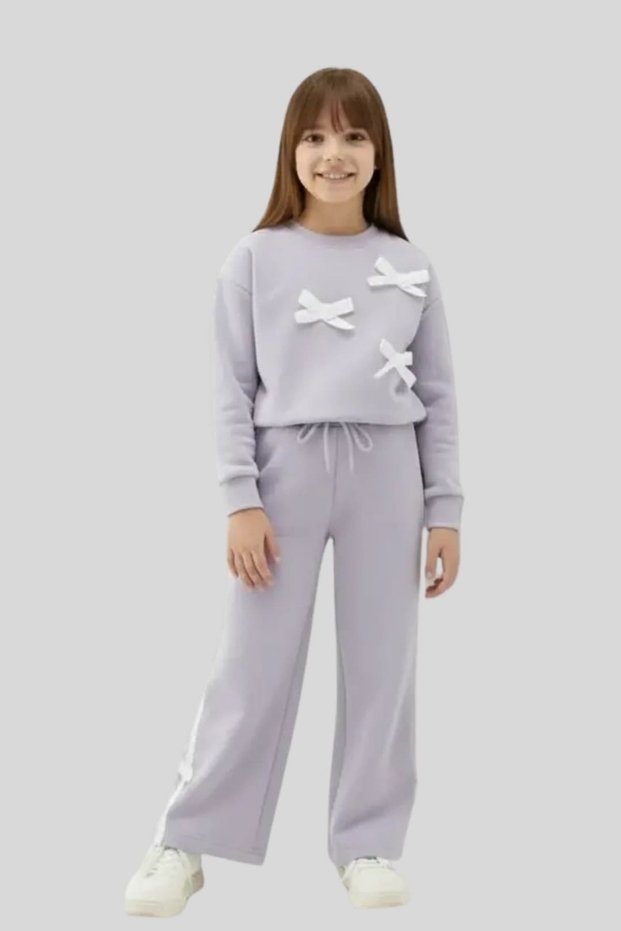 Girls' Wide-Leg Tracksuit Set with Bow Detail and Stripes