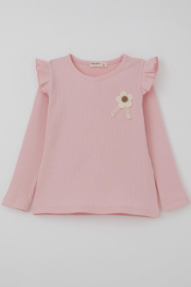 Girls' Long Sleeve T-Shirt with Floral Embroidery Detail and Ruffled Shoulders, Ages 2-6, Pink