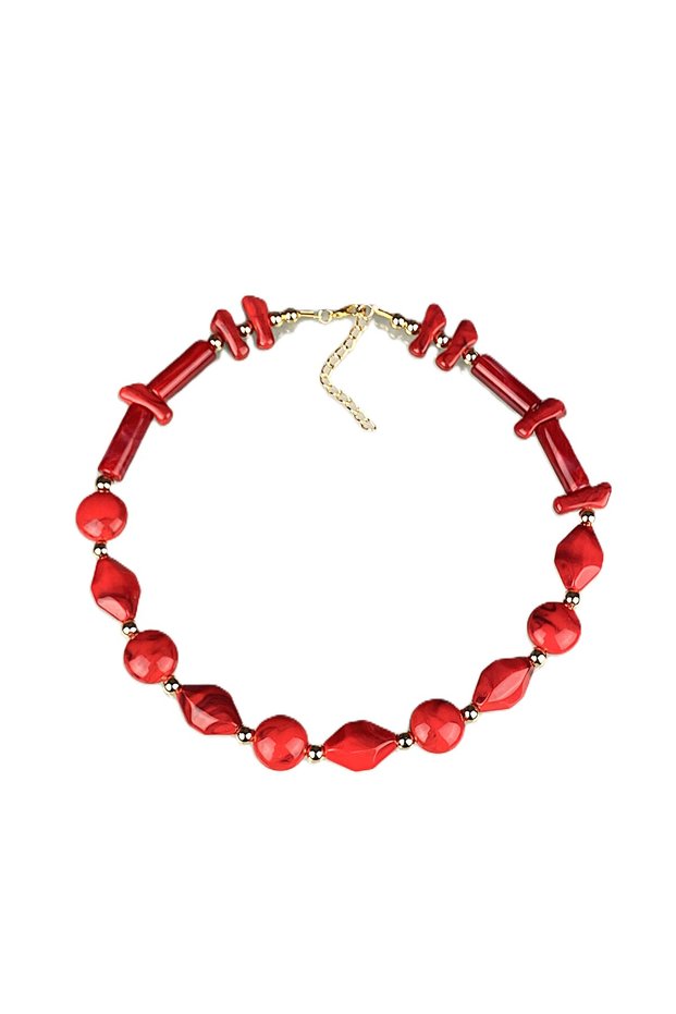 Red Patterned Beaded Gold Detail Women's Necklace 45 cm Trendy Colorful Acrylic Shiny