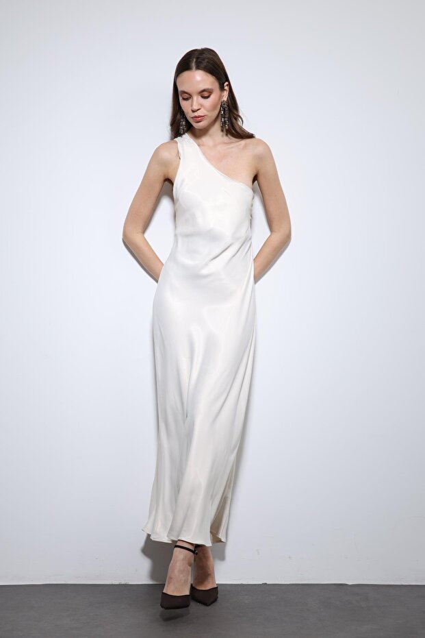 Stone Asymmetric Neckline Satin Long Dress