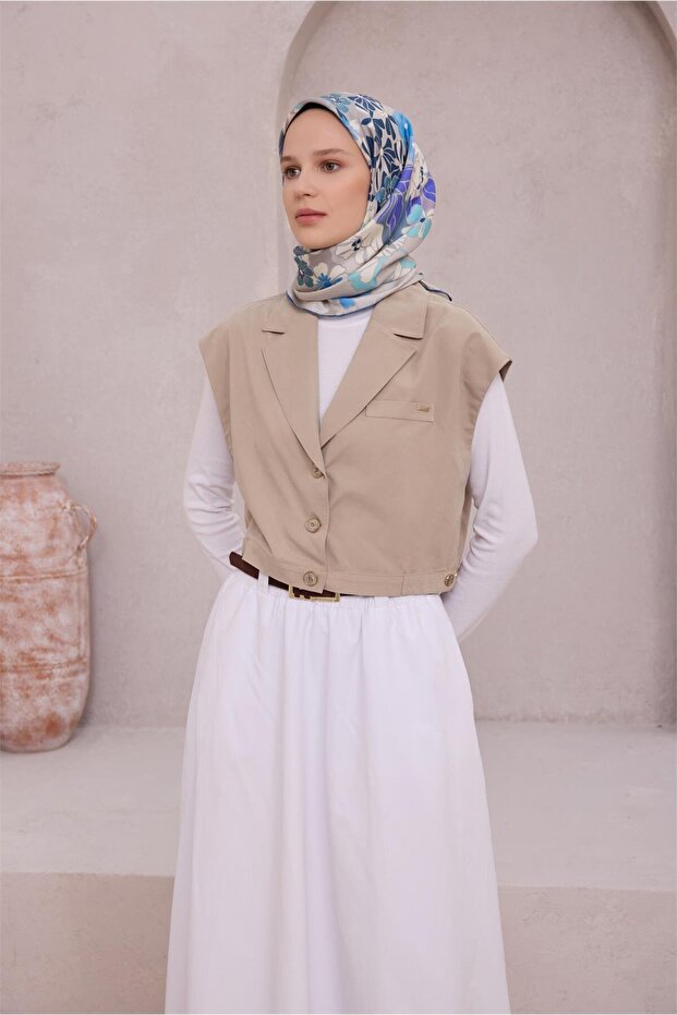 وشاح حرير تويل 100% بنمط زهور باللون الرمادي والأزرق 4220 - 56