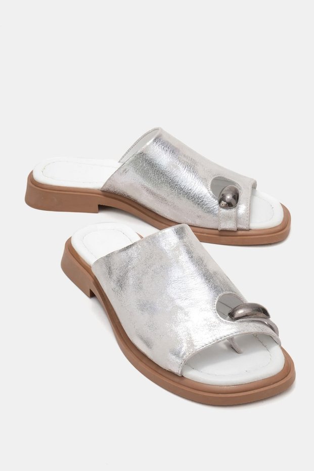 Sean Women's Genuine Leather Slippers with Lame Ring Detail, Flat Slippers