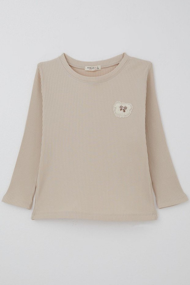 Girls' Long Sleeve T-Shirt with Embroidery Detail Solid Color 5-10 Years Old, Beige