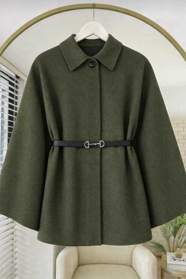 Khaki Poncho with Belt, Women's Winter Stylish Oversized Poncho, Hijab Tunic, New Season Comfortable Modern Stylish