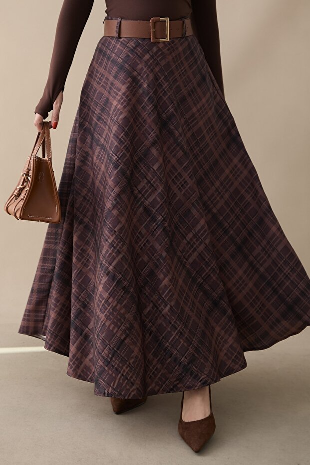 Belted Plaid Patterned Brown Skirt