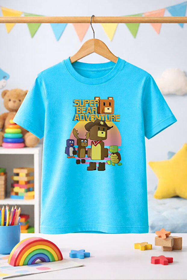 Super Bear Super Bear Adventure Game Character Pattern Printed Children's Pink and Blue Tshirt